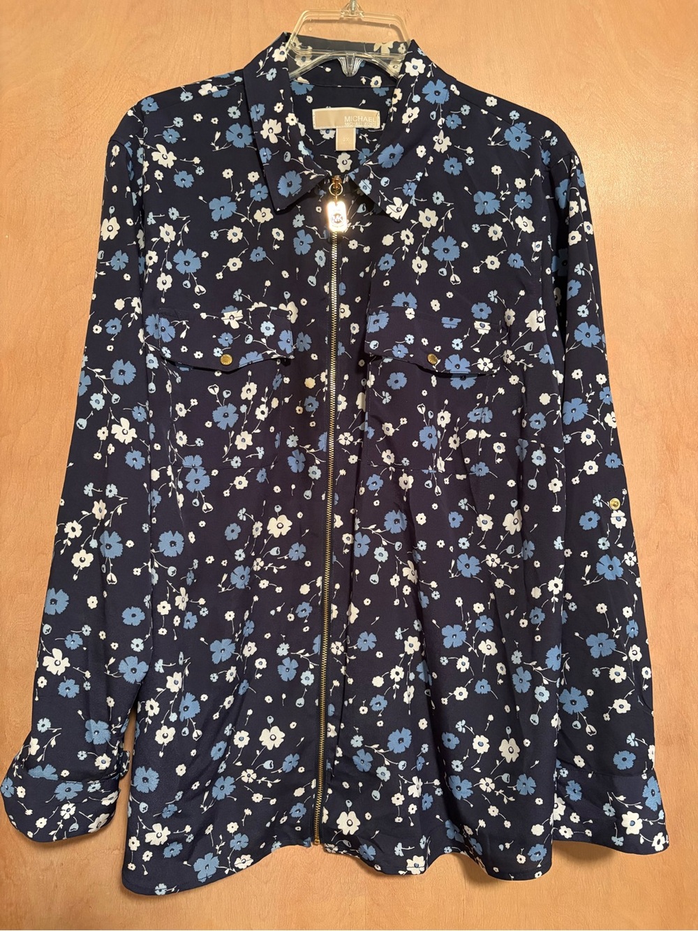 MICHAEL Michael Kors Navy Blue and White Floral Zip Front Blouse